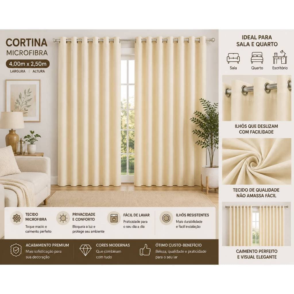 CORTINA 4,0 X 2,50 MTS MICRO PREMIUM PARA SALA QUARTO JANELA GRANDE