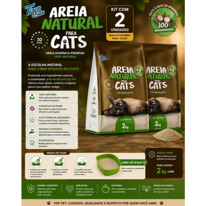 KIT C/2 UND AREIA HIGIENICA BIODEGRADAVEL 2 KGS - MANDIOCA PCT MARROM