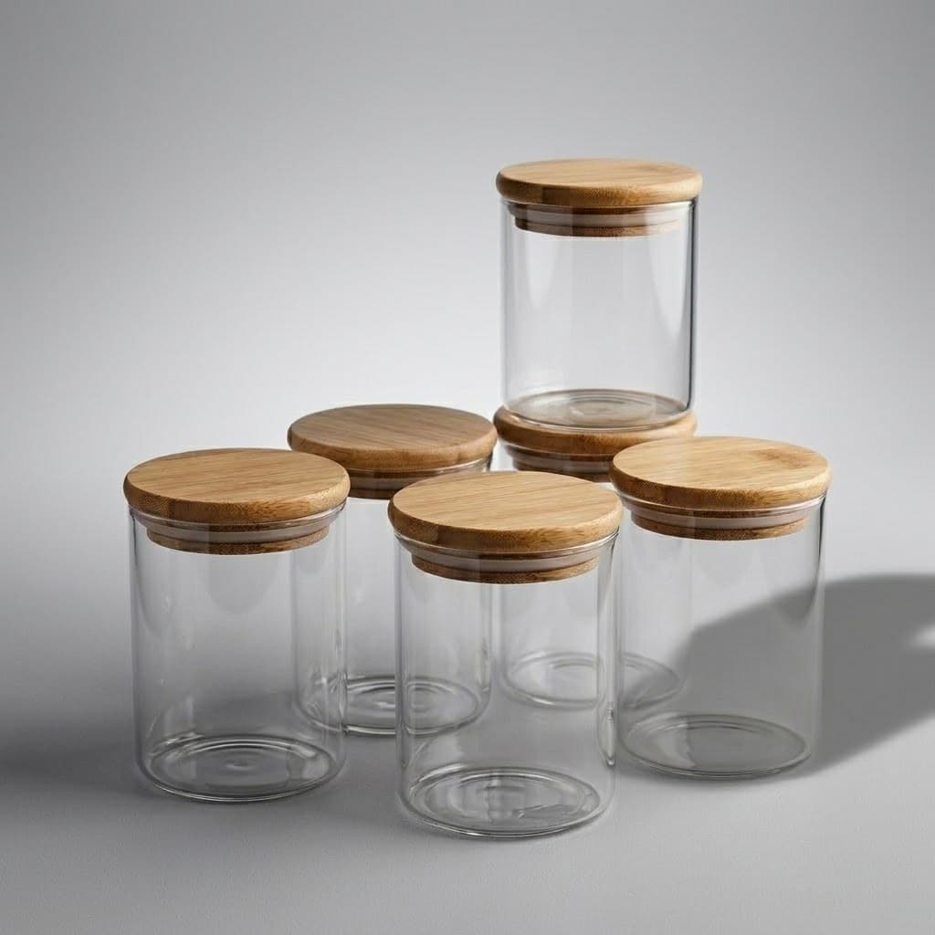 Kit de Potes de Vidro Borossilicato 200ml com Tampa de Bambu 6 ou 3 Unidades | Porta Temperos Grãos Café Açúcar Cozinha