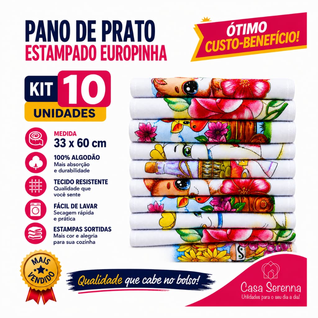 KIT 10 UNIDADES PANO DE PRATO EUROPINHA ESTAMPADO 32X60 CM