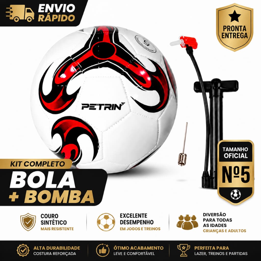 Kit Bola de Futebol Nº 5 Oficial + Bomba de Ar | Couro Sintético Resistente | Ideal para Jogos, Treinos e Lazer
