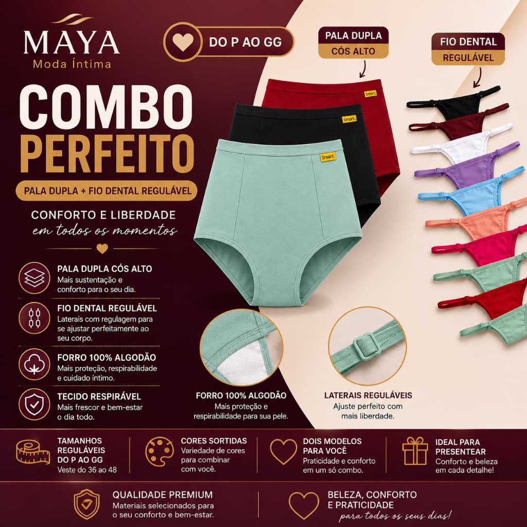 Kit 2 Calcinhas Femininas 1 Pala Dupla + 1 Fio Dental Regulável Microfibra Forro Algodão P ao GG