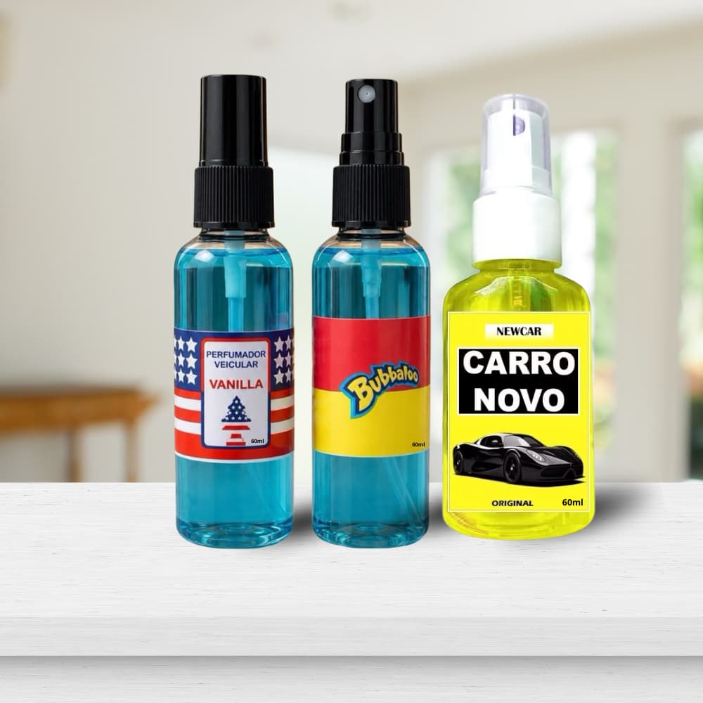 Kit com 3 Aromatizador de Carro 60ml Fixação Duradoura Mantem Seu Carro Sempre Com Cheiro De Novo