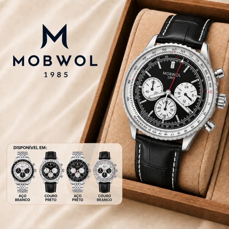 MOBWOL Relógio Masculino Cronógrafo Quartzo Pulseira de Couro Calendário 30M Social Esportivo Luxo