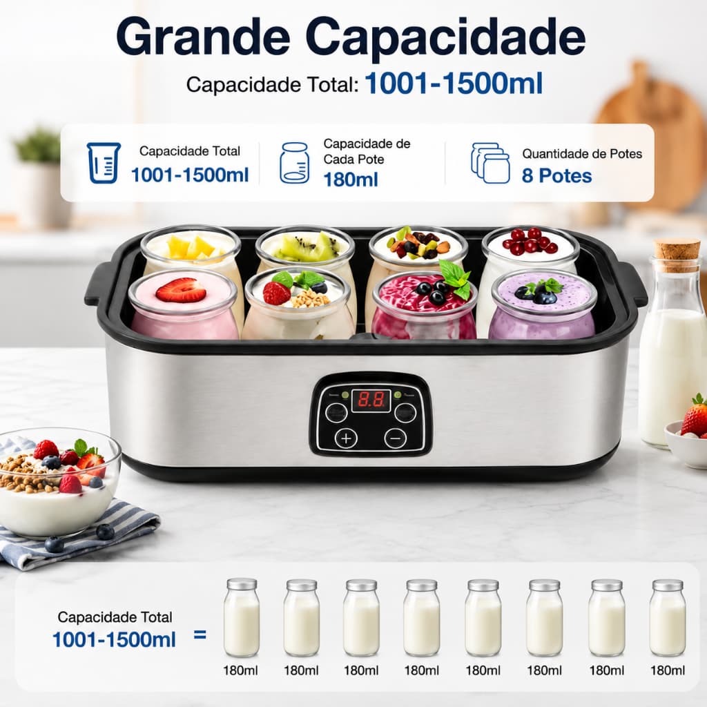 Iogurteira Elétrica Máquina de Iogurte 1,5L com 8 Copos de 180ml para Iogurte Natural Caseiro Prata 110V