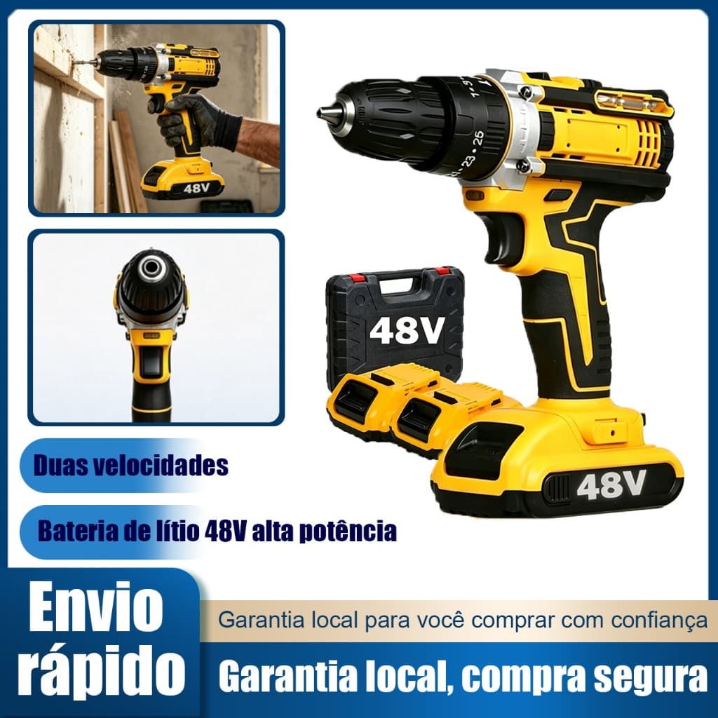 Furadeira Parafusadeira Elétrica Sem Fio 48V 42N.M 2 Velocidades com Luz LED Kit Com 2 Baterias, Maleta e Acessórios