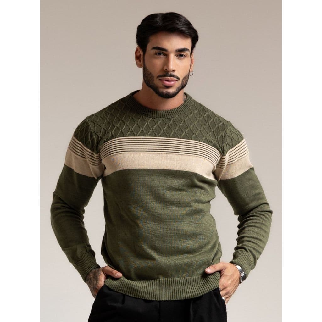 Blusa Masculina em Tricot com Textura Trabalhada e Listras em Relevo