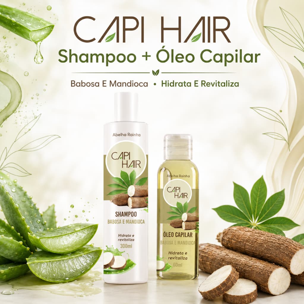 Kit Cuidado Capilar Capi Hair Shampoo E Óleo Babosa E Mandioca Hidrata E Revitaliza Abelha Rainha