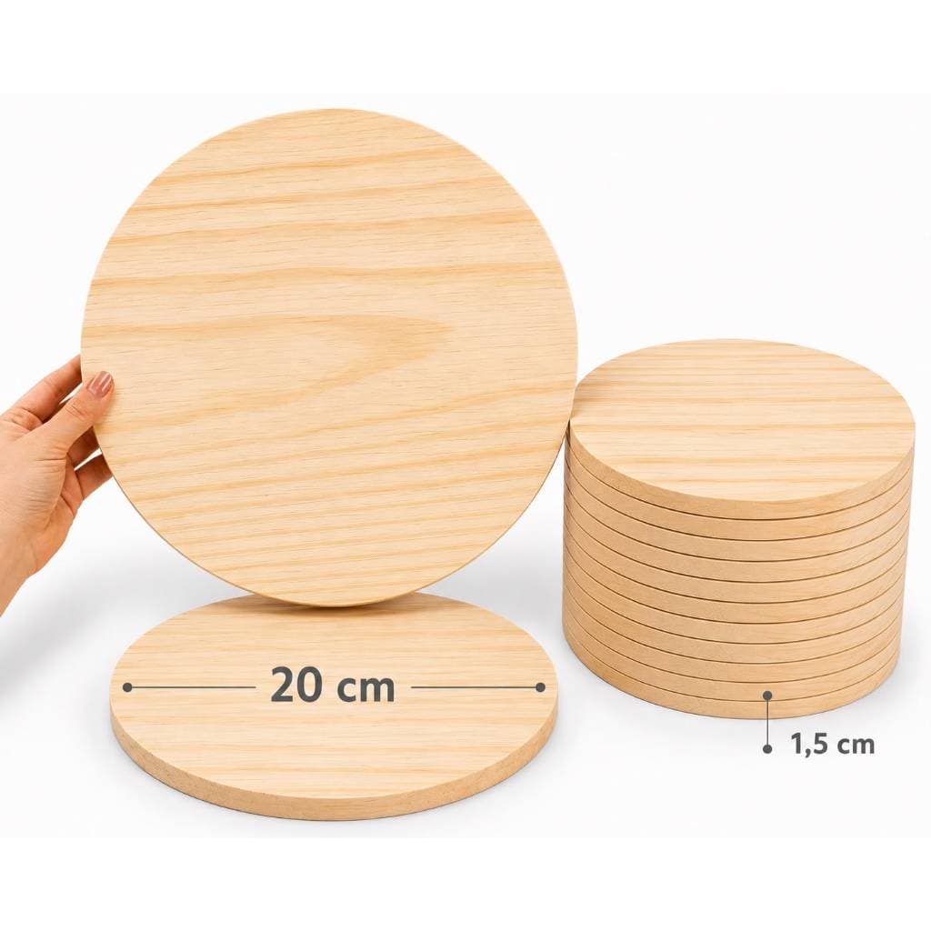 KIT 10 BOLACHA REDONDA DE PINUS 20 CM DIÂMETRO — MADEIRA NATURAL | 15 MM - PLACA REDONDA MADEIRA PINUS 15 CM DIÂMETRO