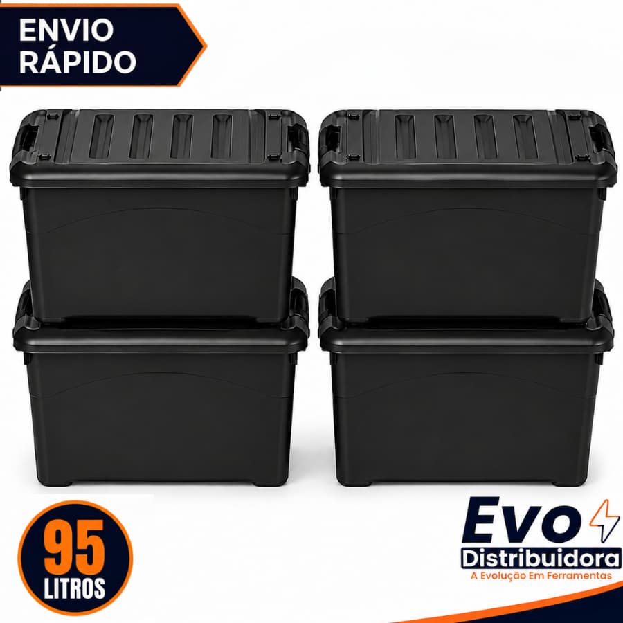 Kit 4 Unidades Caixa Organizadora 95 Litros Preta Com Rodinhas e Trava Para Transporte HeavyBox