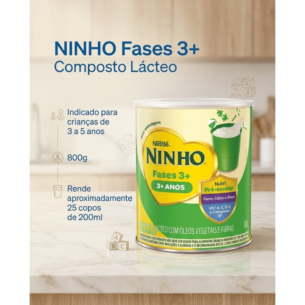 NINHO Fases 3+ 800g Composto Lácteo Infantil para Crianças 3 a 5 Anos