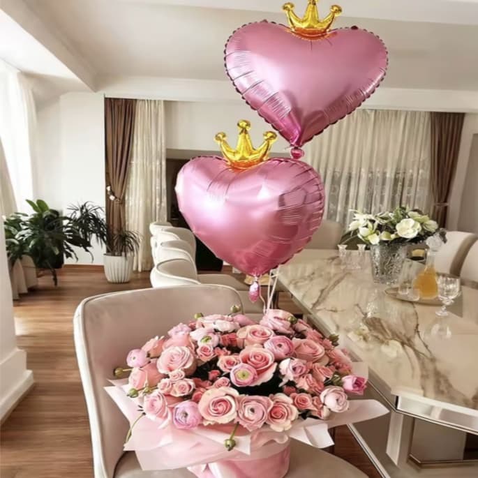 Balão Metálico Coração Rosa com Coroa Dourada Decorativo Festa Princesa Romance Aniversário 1/2/4 Pçss