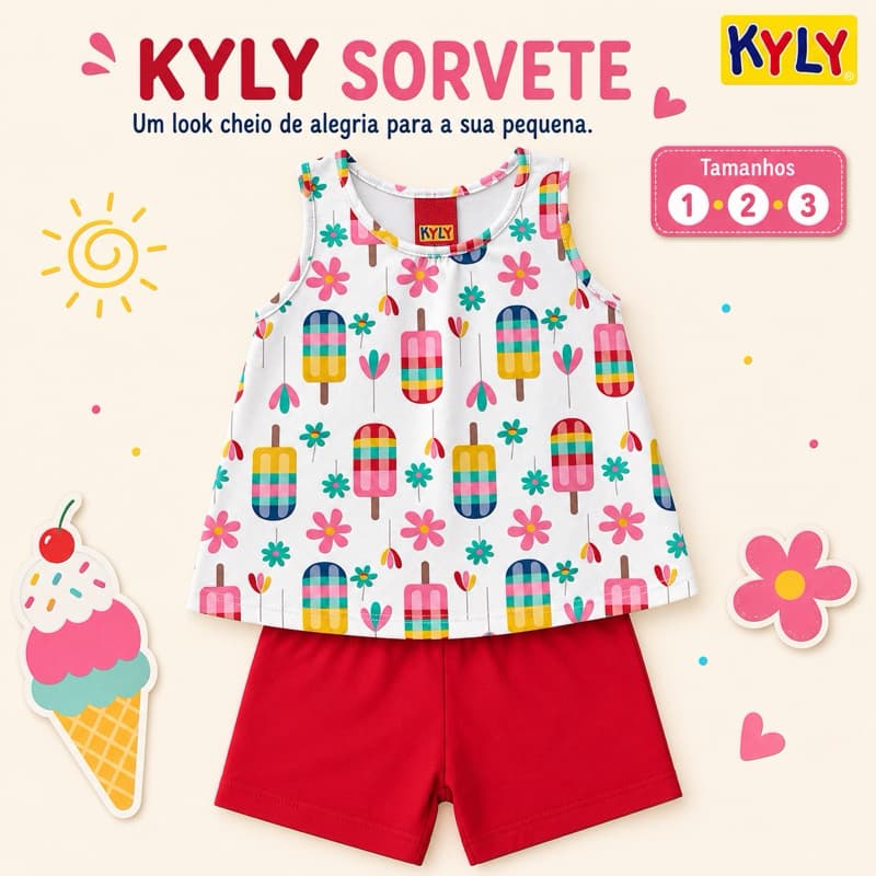 Conjunto Infantil Menina Kyly Estampa Sorvete Regata + Bermuda Vermelha Tamanhos 1 2 3