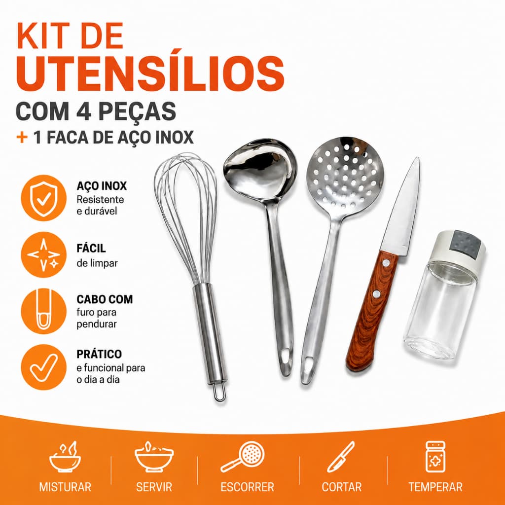 Kit Utensílios de Cozinha concha de molho, escumadeira, batedor de claras  e saleiro + faca 4" inox
