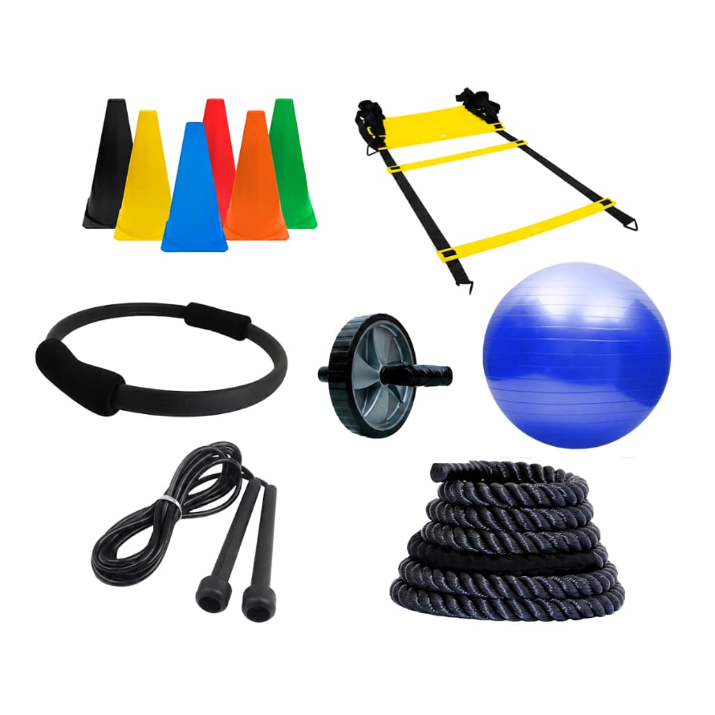 Kit Funcional C/ 11 Ítens Corda Naval + Escada de Agilidade + Roda Abdominal + Cone + Bola de Pilates + Anel