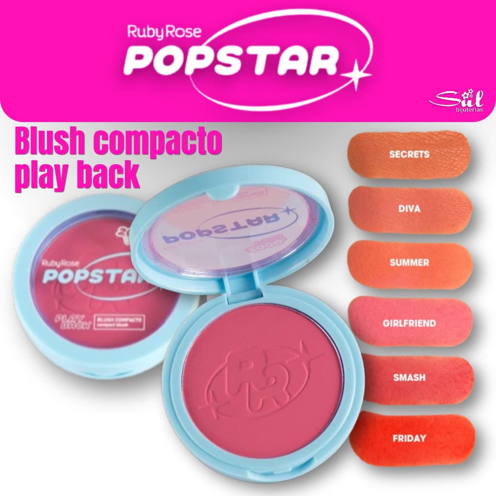 Blush Compacto Ruby Rose Popstar Playback Alta Pigmentação