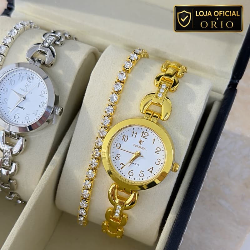 Relógio Feminino Potenzia + Pulseira Strass (À prova d’água) Redondo - Dourado & Prata Elegante