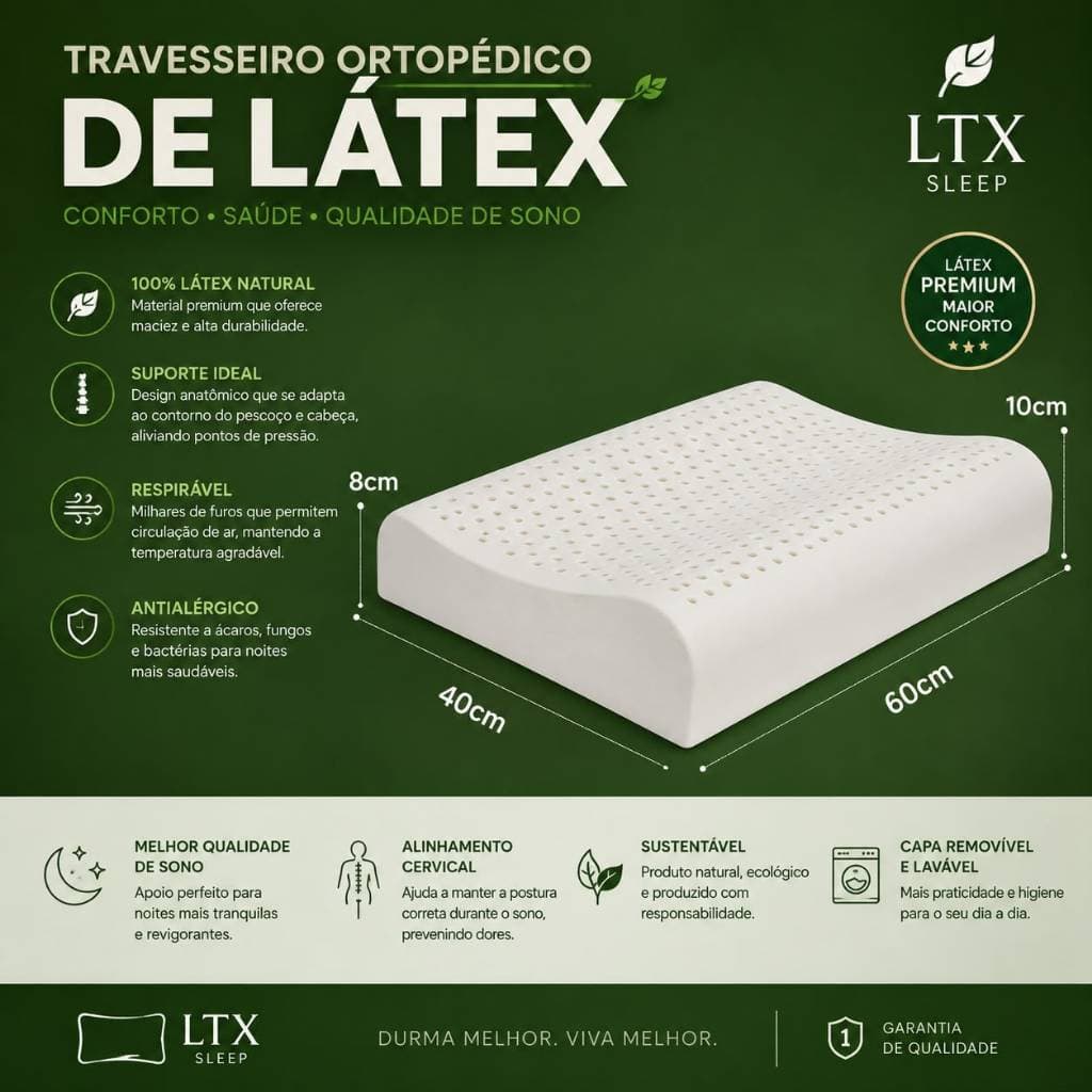 Travesseiro Látex 100% Natural Tailandia Ortopédico e Formato Anatômico Tamanho 60X40cm e Altura 8x10cm