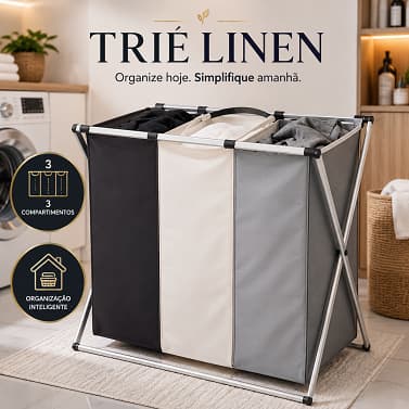 Cesto de Roupas 3 Compartimentos Organizador Lavanderia Dobrável Multiuso Trié Linen