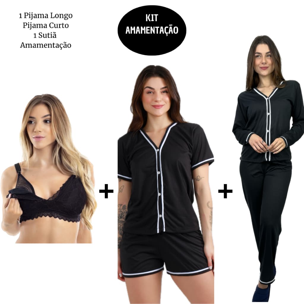 Kit Gestante 3 Peças Pijama Americano Longo Curto e Sutiã Amamentação Maternidade Mãe