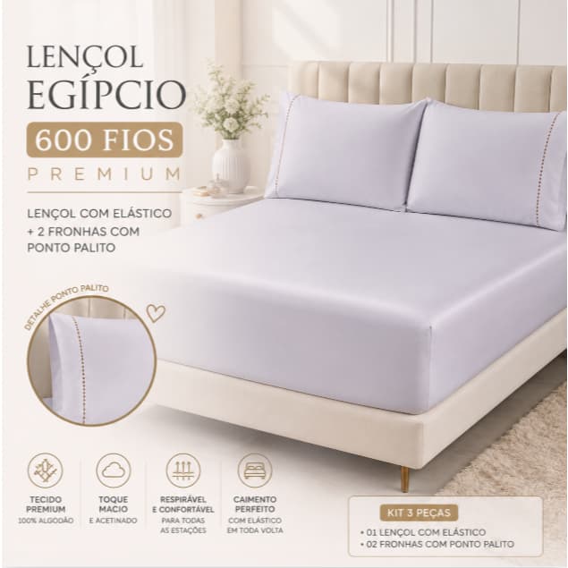 Jogo de Lençol Egípcio Queen  600 Fios Premium 3Pçs Lençol c/ Elástico + 2 Fronhas