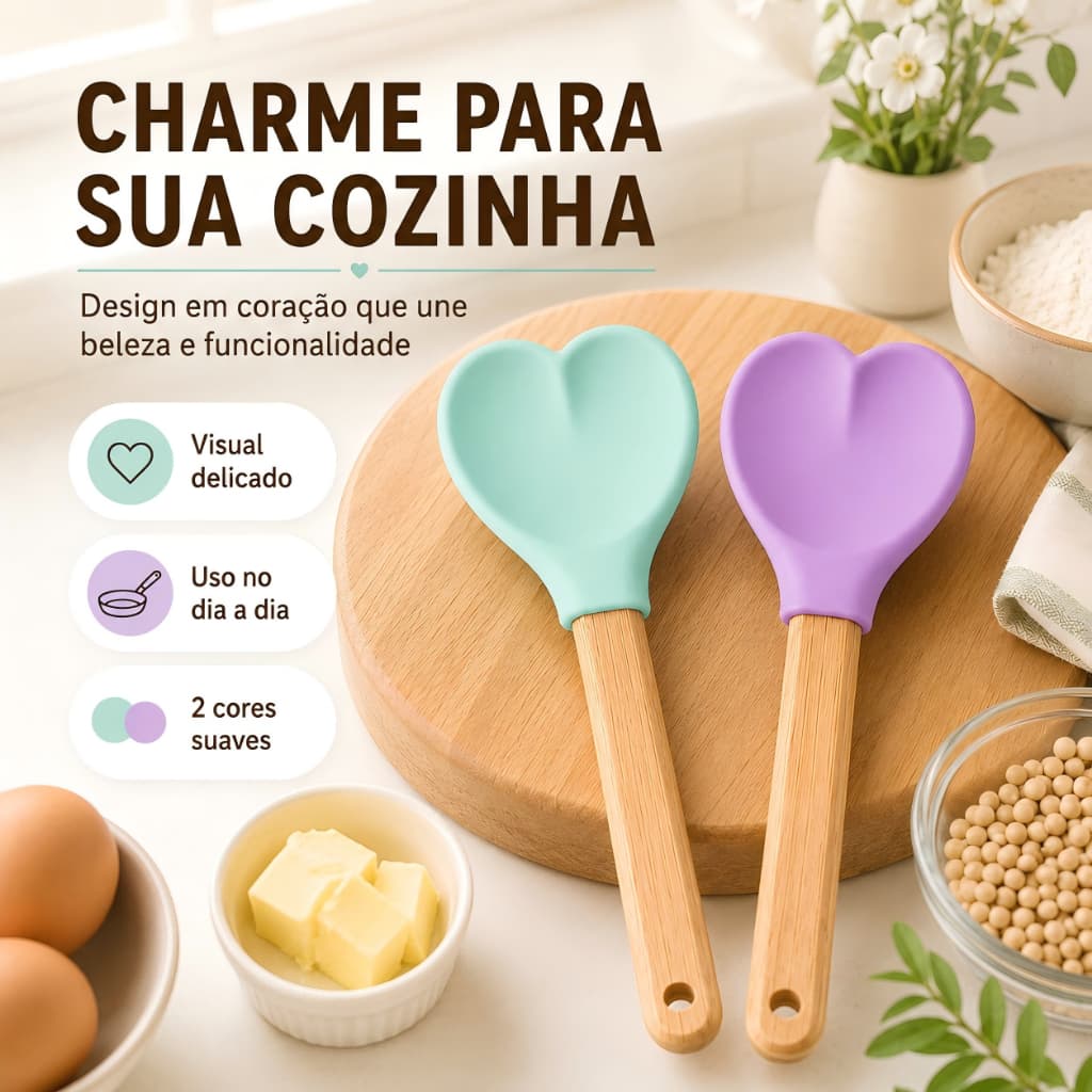 Espátula de Silicone Coração com Cabo de Madeira | Antiaderente, Resistente ao Calor e Fácil de Limpar
