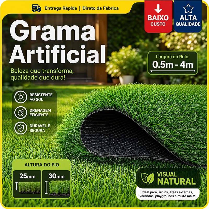 Grama Sintética 25mm 2x2M, Grama Artificial Verde para Jardim, Área Externa, Quintal e Decoração