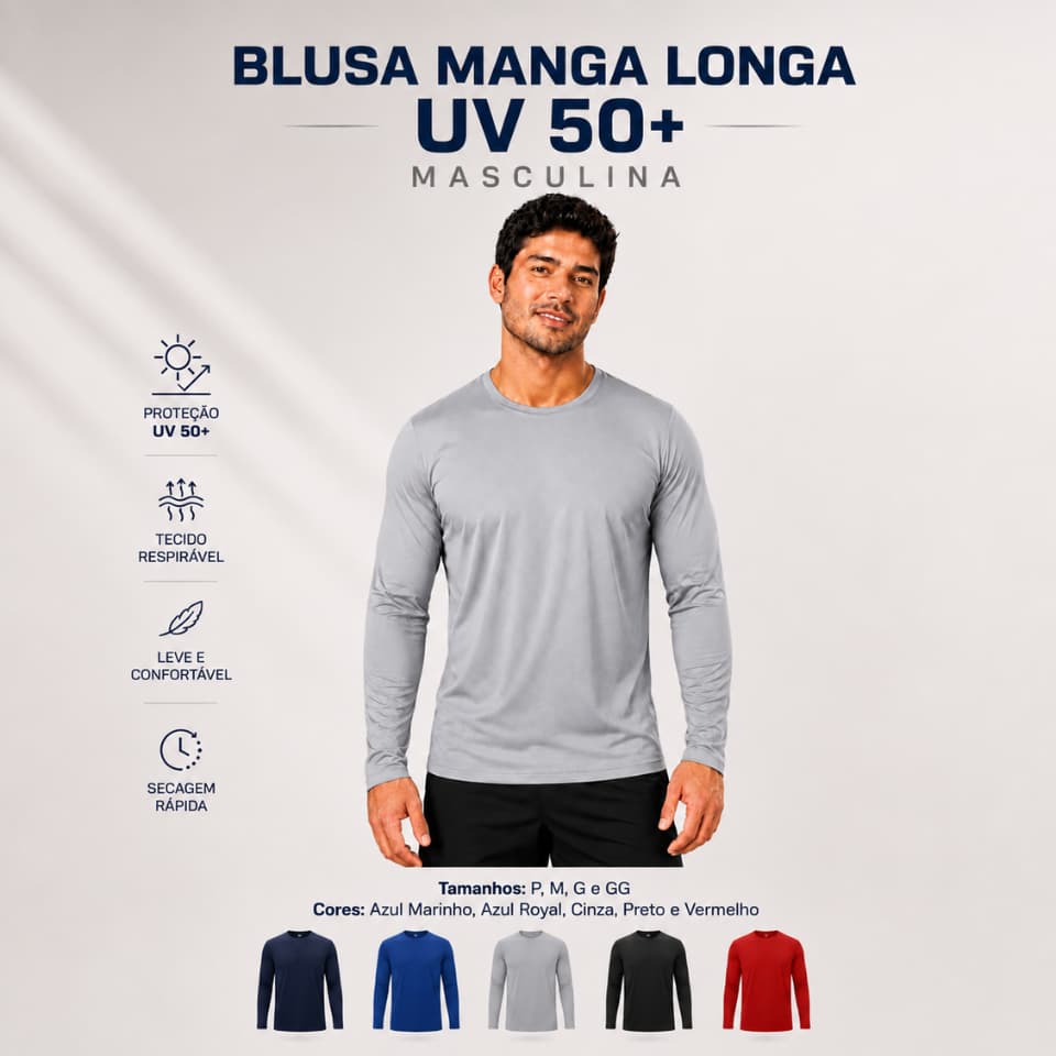 Camiseta UV Manga Longa Slim Proteção Solar 50+ Masculina Praia