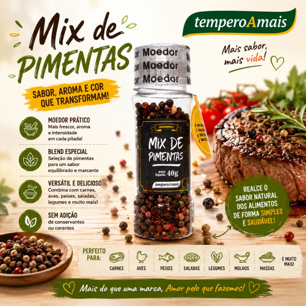 Mix de Pimentas 40g Com Moedor Pimenta Tempero Cozinha Pote Tampa Moedor