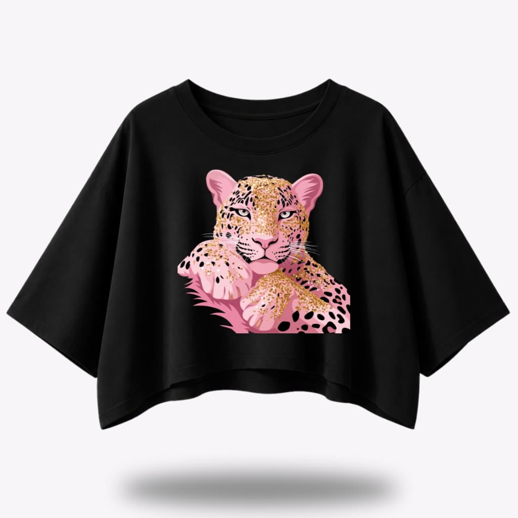 Cropped Feminino Oversized Estampado Camiseta Feminina T-shirt Onça Rosa Moda Feminina Para Mulheres
