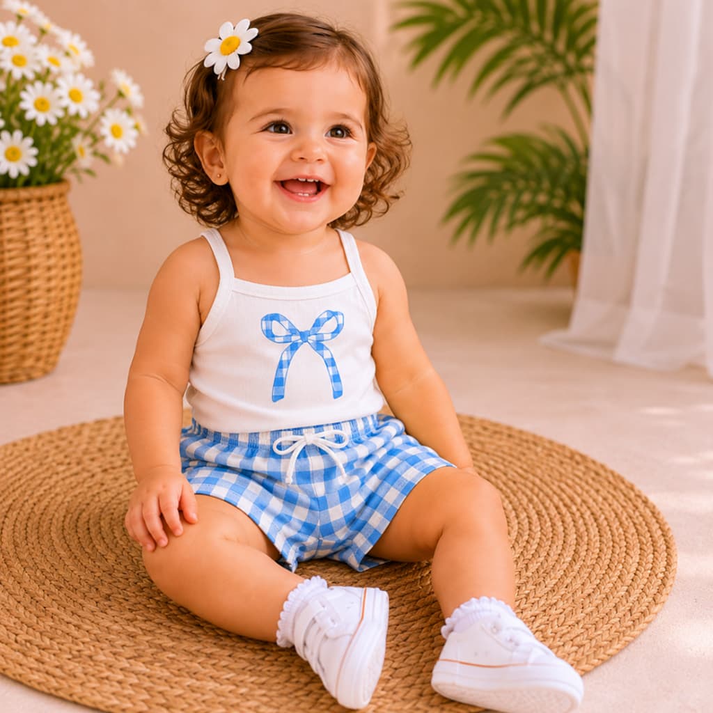 Conjunto Infantil Menina Verão Blusa de Alça com Estampa Laço e Bermuda Meia Malha Xadrez