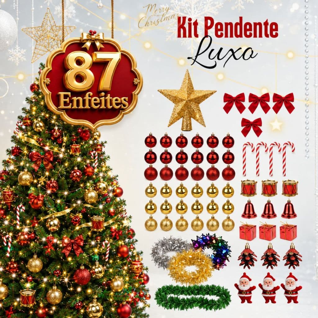 Kit Natal Luxo 87 Enfeites Árvore Natal Completo Bolas Laços Estrela Pisca Pisca Pendentes Decoração
