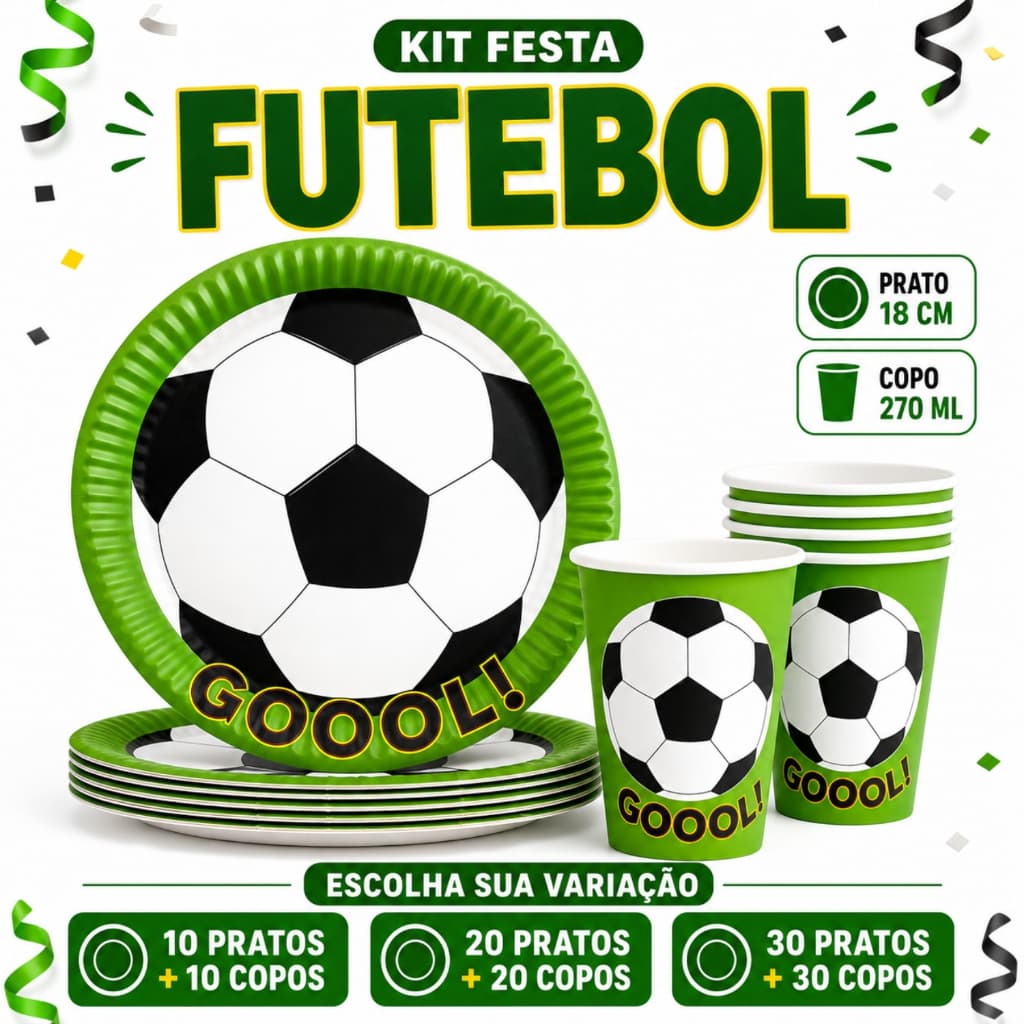 Kit 10/20/50 Prato e Copo de Papel Futebol Bola Premium Ecológico Decoração Festa Aniversário