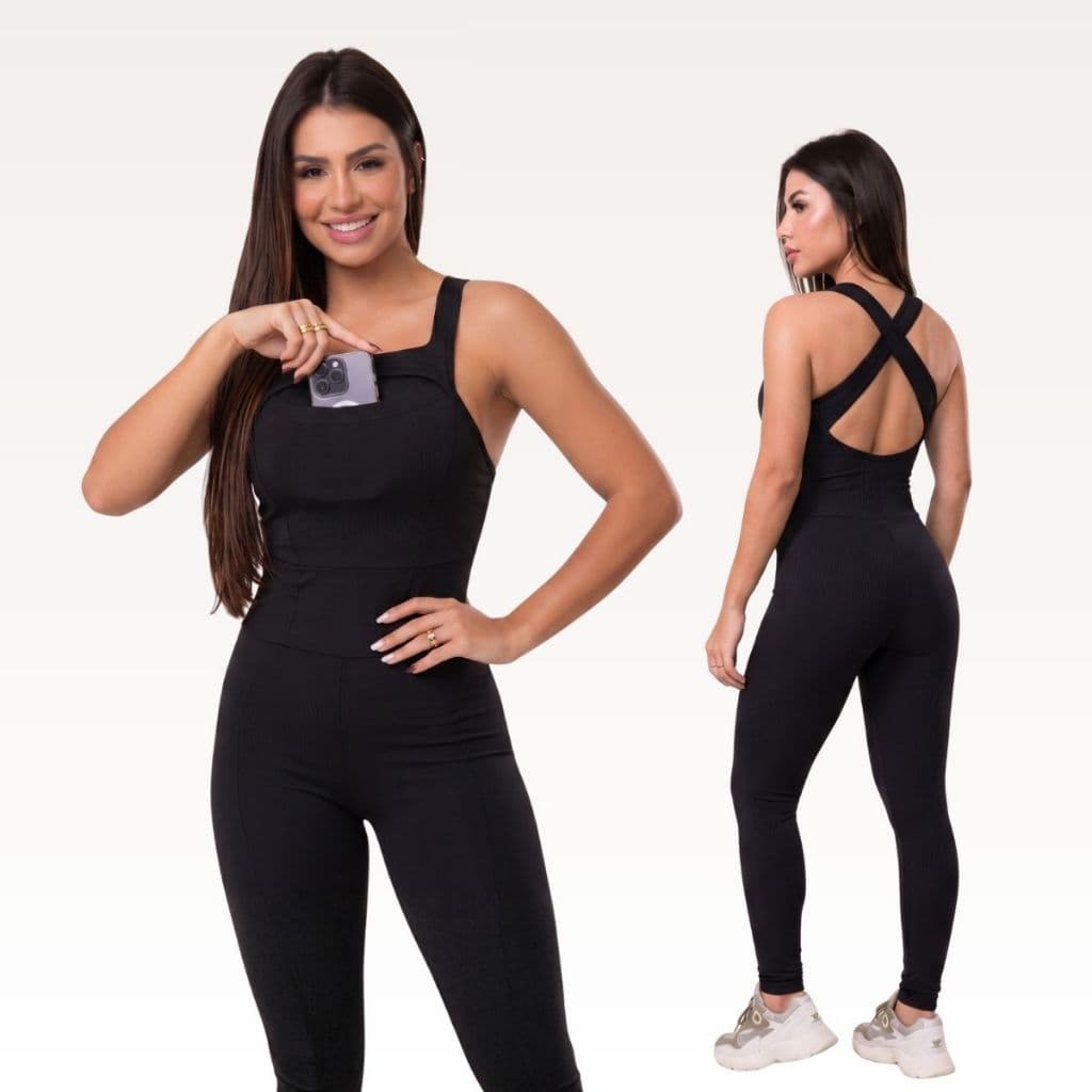 Macacão Suplex Feminino Fitness Moda Casual de Academia Longo Com Bolso Frontal Para Celular Justo Confortável Push Up