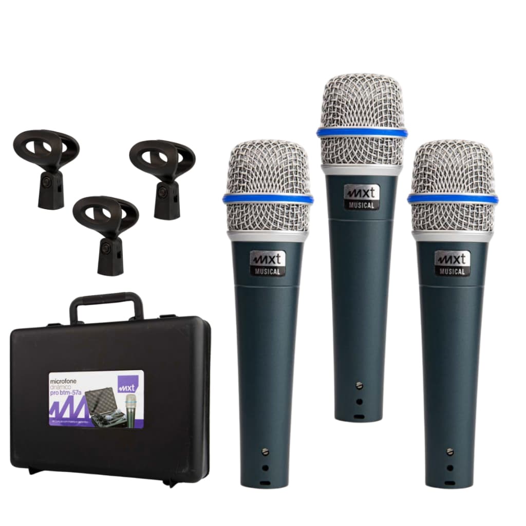 Kit 3 Microfones Dinâmicos MXT PRO BTM-57A Profissionais Metal com Cachimbo e Maleta para Igreja, Shows e Eventos