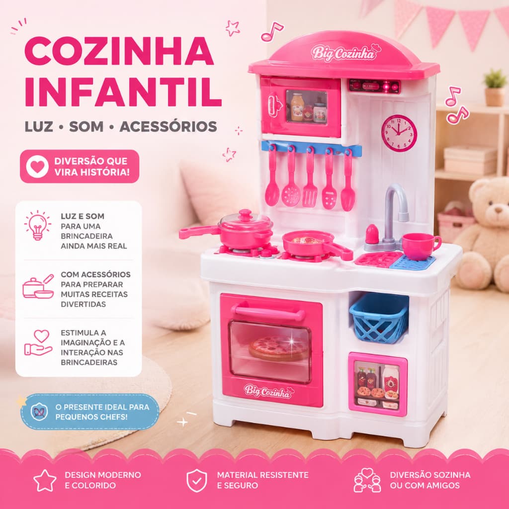 Cozinha Infantil Completa Luz Som Acessórios Pia Fogão Forno Brinquedo Faz de Conta Presente Criança