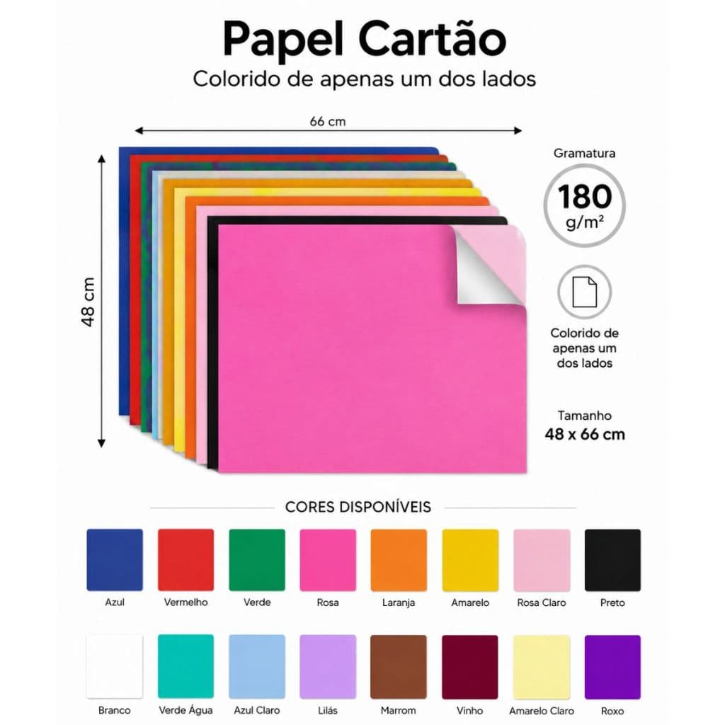 10x Papel cartão 48x66cm Grande Cores Vibrante Firme 180G