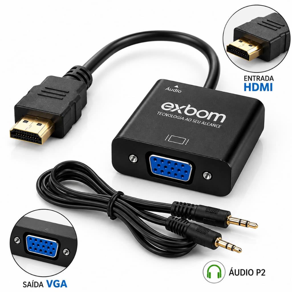 Cabo Adaptador Conversor HDMI para VGA Exbom 1080p Áudio Vídeo 20cm Preto