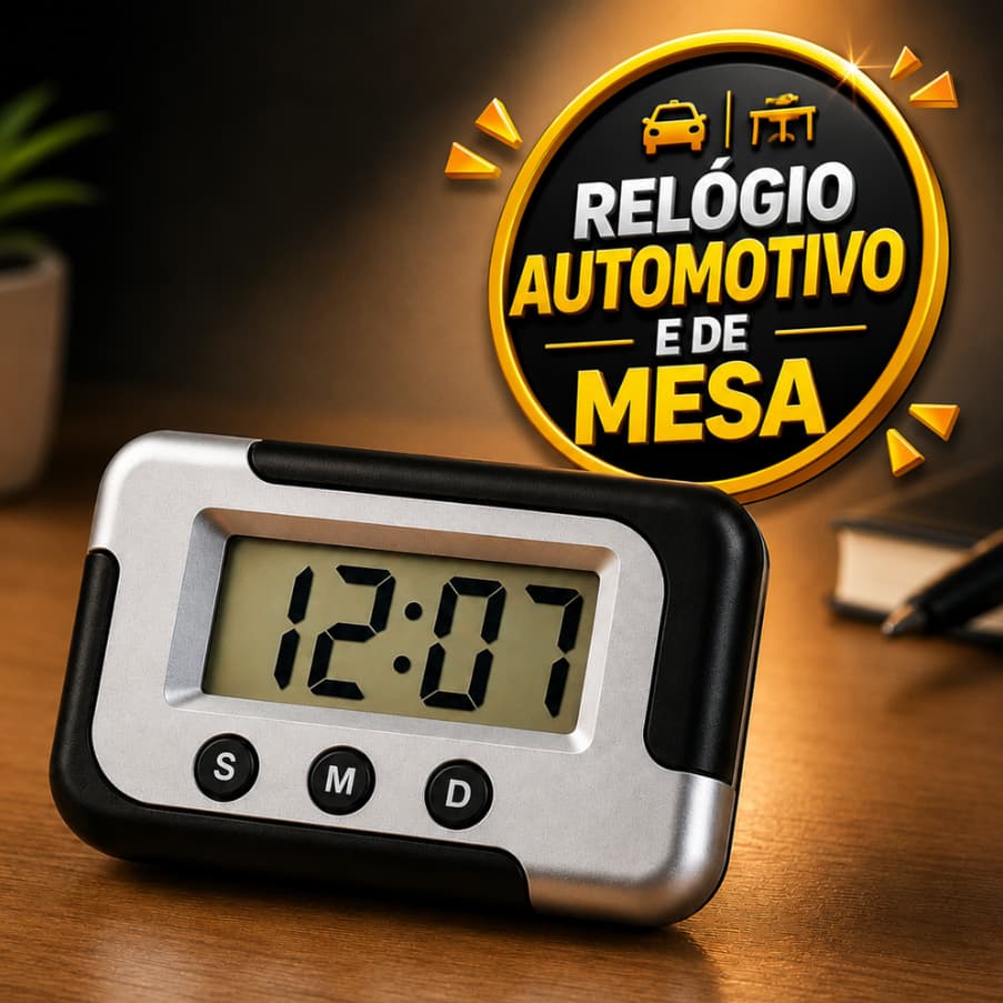 Mini Relógio Digital Automotivo e de Mesa 24H Portátil Compacto Suporte e Adesivo Dupla Face  Painel de Carro Van