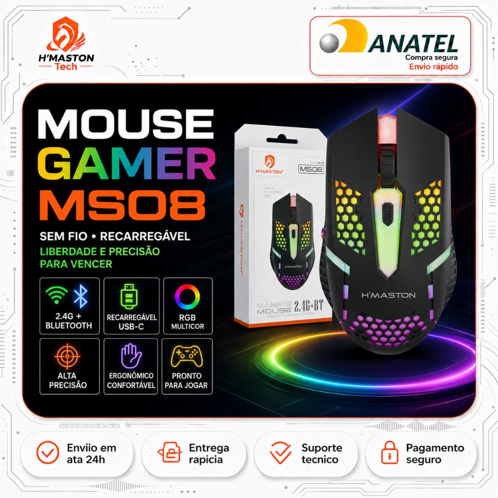 H'Maston MS08 Mouse Sem Fio Para Notebook Mouse Gamer Sem Fio Mouse Sem Fio Recarregável Mouse Ergonômico Sem Fio