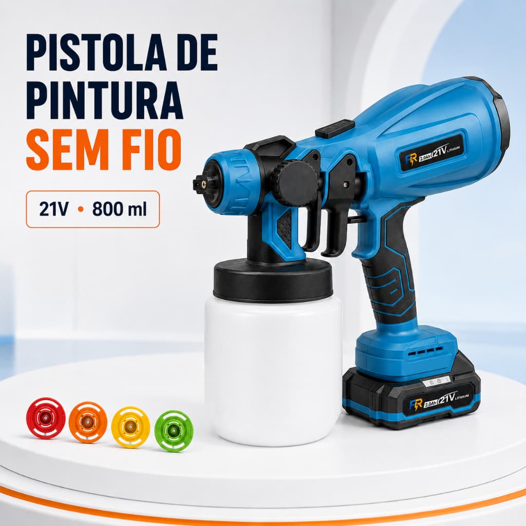 Pistola de Pintura Bateria 21V Sem Fio Pulverizador de Tinta Portátil com Reservatório e Acessórios