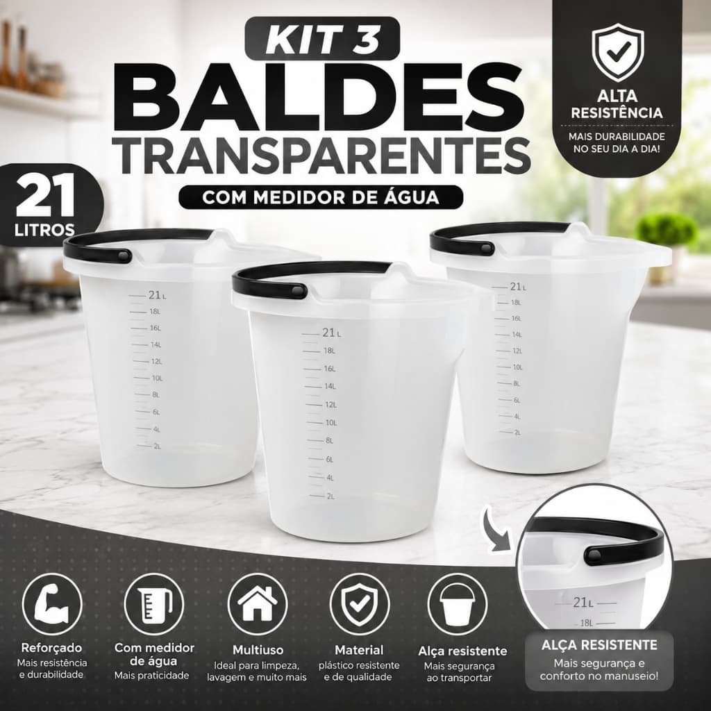 Balde Transparente 21 Litros Reforçado com Medidor de Água Alça Resistente Multiuso Limpeza