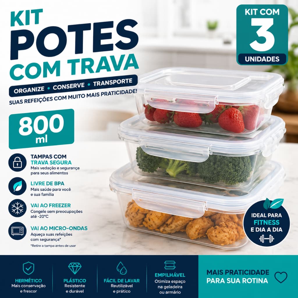 Kit Marmitas Fitness 800ml Potes Herméticos com Trava para Alimentos Freezer Micro-ondas Reutilizáveis
