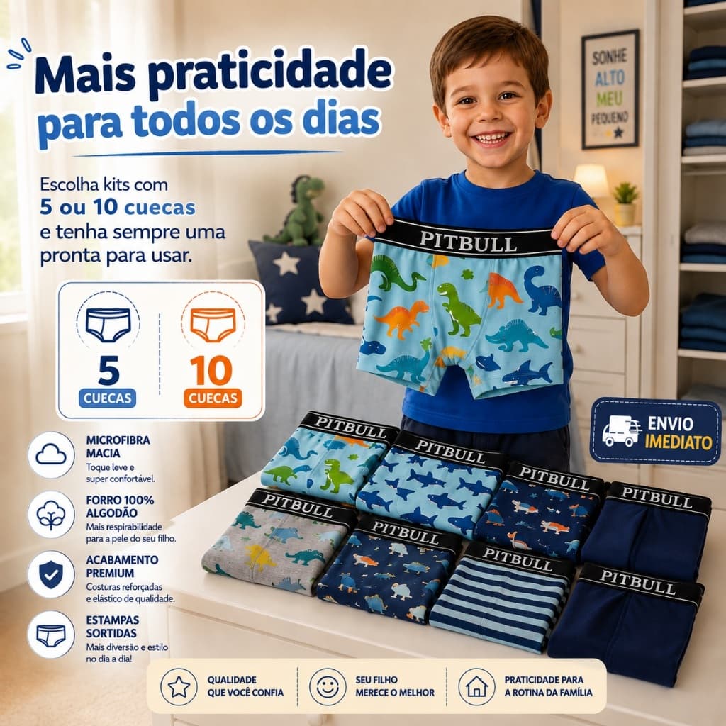 Kit 5 ou 10 Cueca Infantil Microfibra Premium