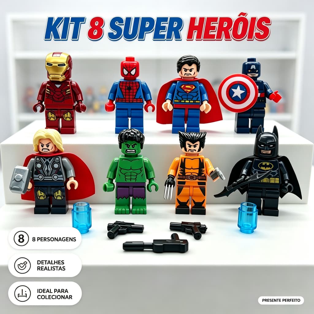 Kit 8 Bonecos de Montar Super Heróis, Brinquedo Infantil Colecionável, Ideal para Presente de Menino