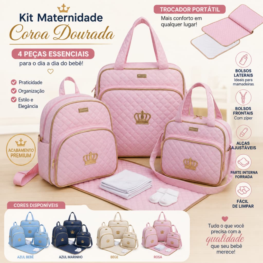 Kit Bolsas Saída Maternidade Para Bebê 4 Peças Estilo Coroa Dourada