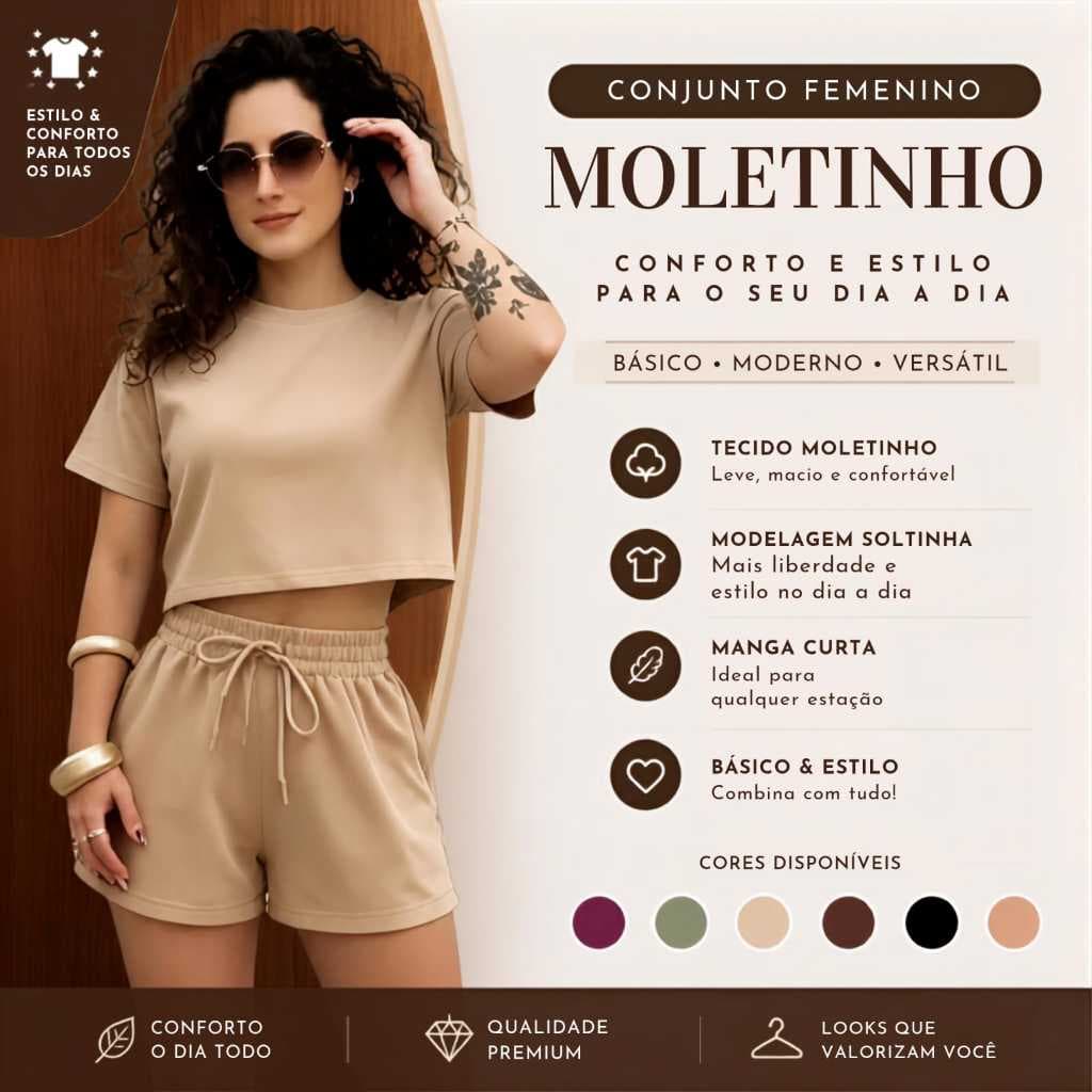 Conjunto Moletinho Casual Conforto e Estilo Diario  Cropped e Short Com Bolsos Laterais