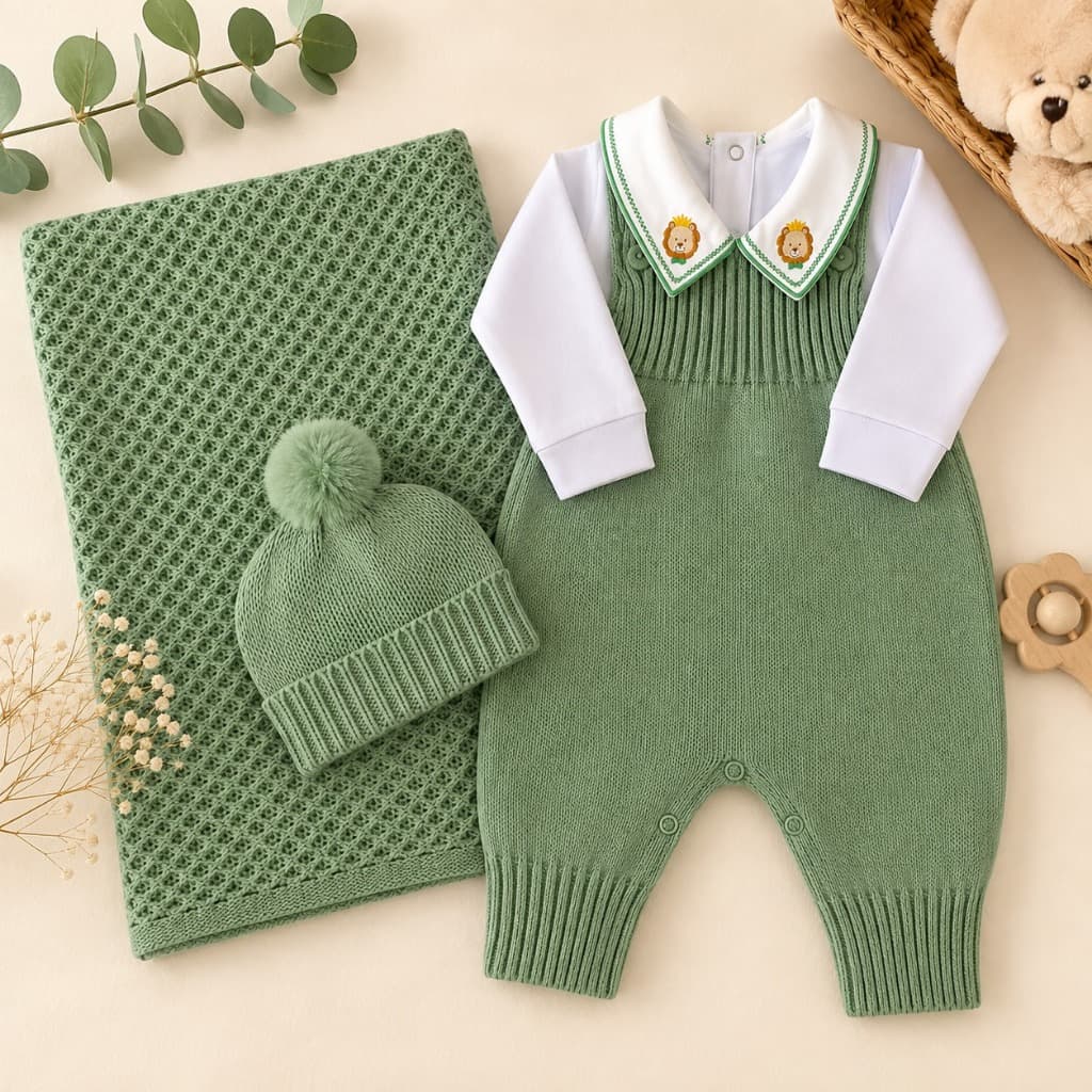 Saída De Maternidade Bebê Em Tricô Com Jardineira Masculino 4 Peças
