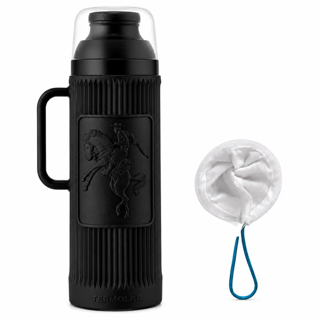 Kit Garrafa Termica Termolar 1L e Coador Com Alça Garrafa de Chimarrao Mate Cafe Cha Chimarrita Mel