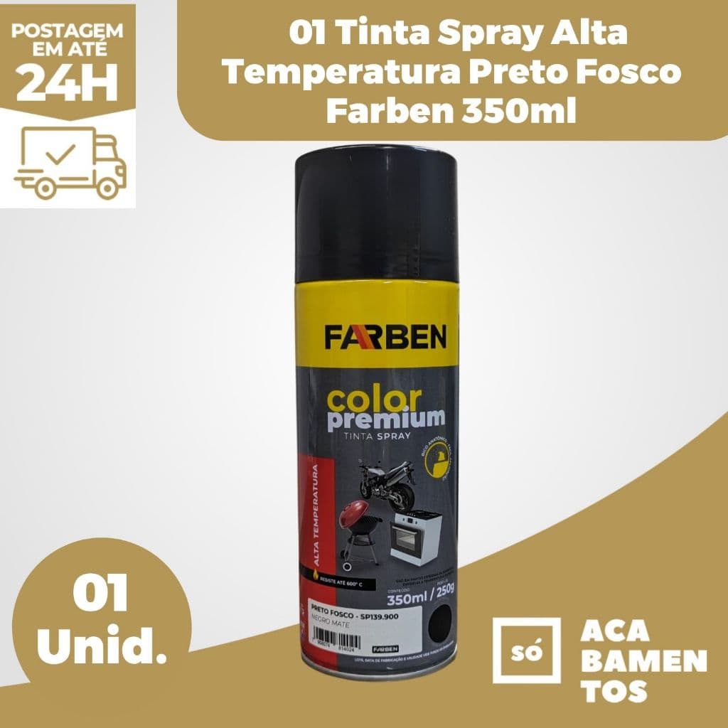 01 Spray Color Premium Alta Temperatura Preto Fosco 350ml  Farben Automotivo Chaminé, Escapamento de Moto, Fogão